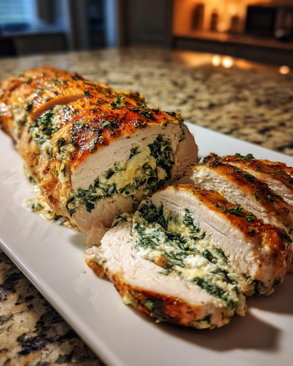 A close-up of a sliced stuffed spinach chicken breast, showcasing the creamy spinach and cheese filling.