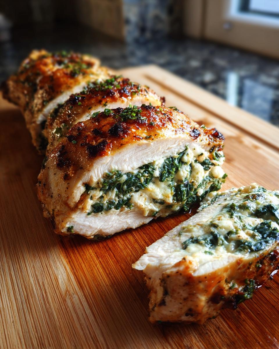 A close-up of a sliced stuffed spinach chicken breast, showcasing the creamy spinach and cheese filling.