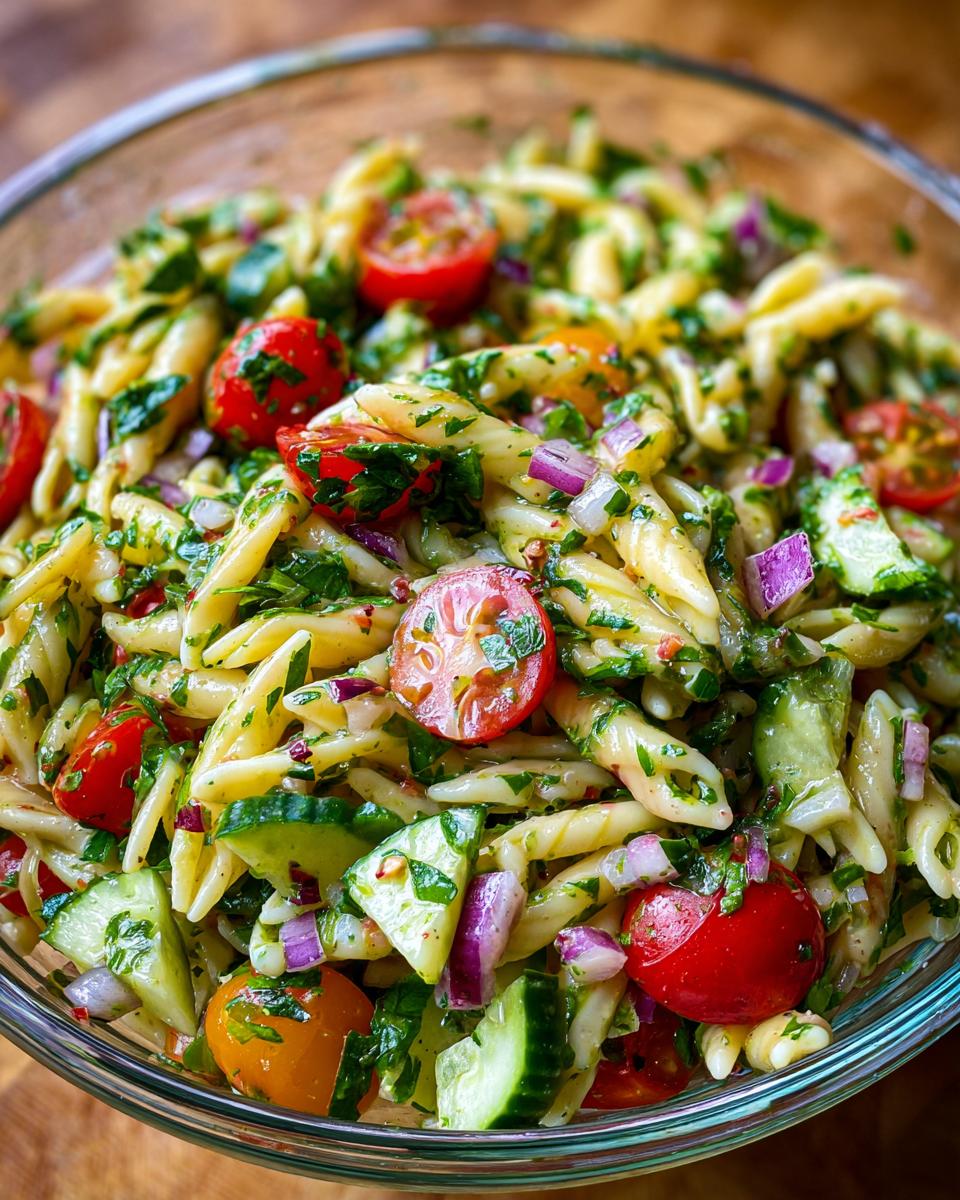 Close-up of a vibrant summer pasta salad with fusilli pasta, cherry tomatoes, cucumber, red onion, and fresh herbs.
