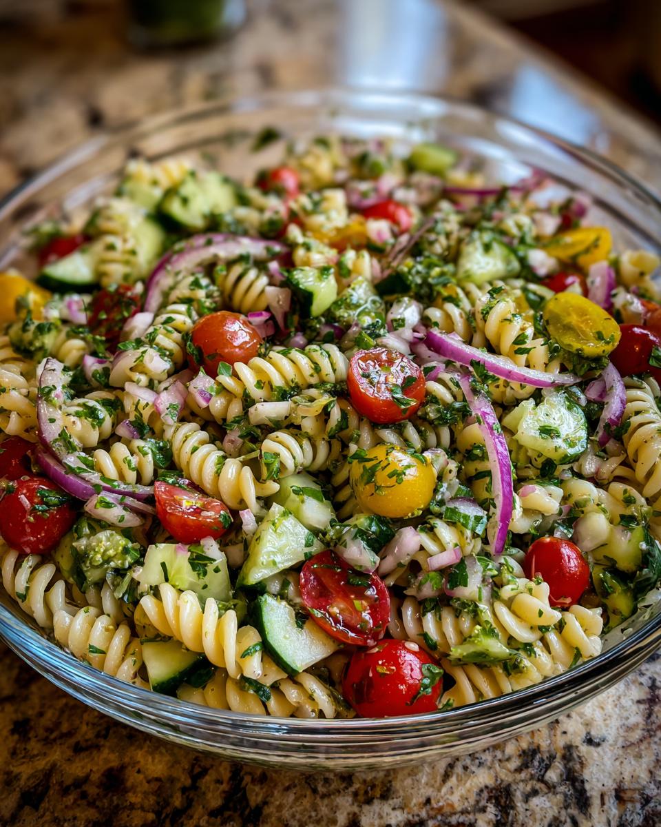 A close-up of a vibrant summer pasta salad with fusilli, cherry tomatoes, cucumber, red onion, and fresh herbs.