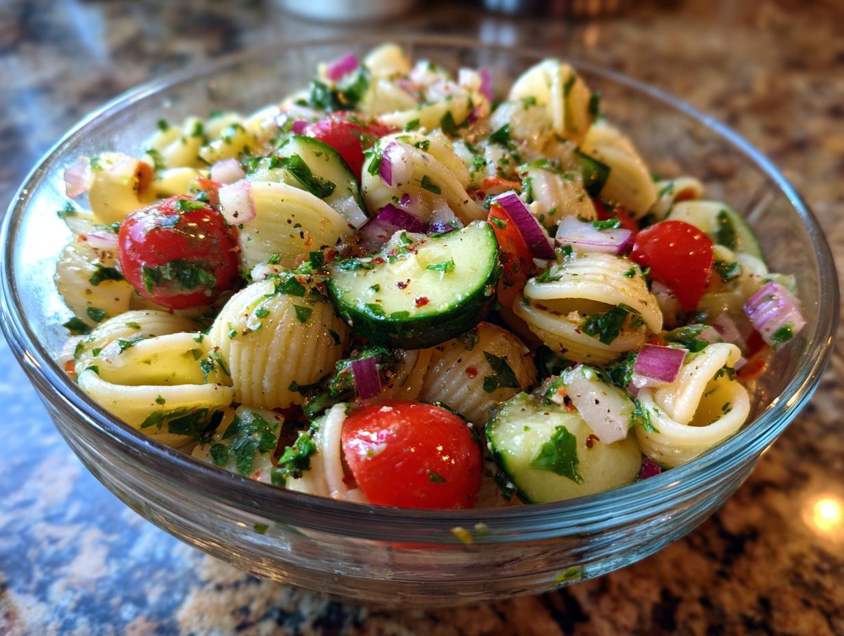 A close-up of a vibrant summer pasta salad in a glass bowl, featuring shell pasta, cherry tomatoes, cucumber slices, red onion, and fresh herbs.