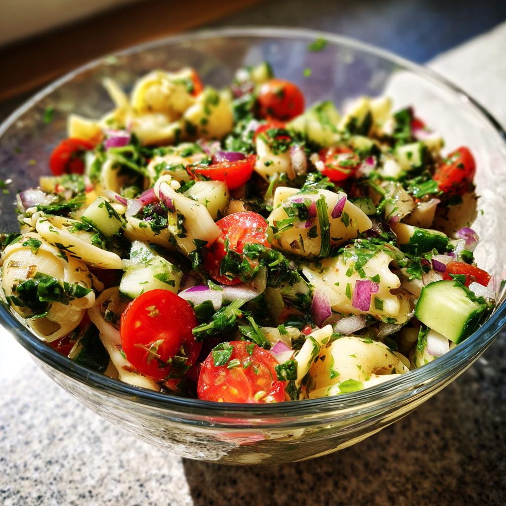 A vibrant bowl of pasta salad with cherry tomatoes, cucumber, red onion, and fresh herbs, perfect for summer salad recipes.