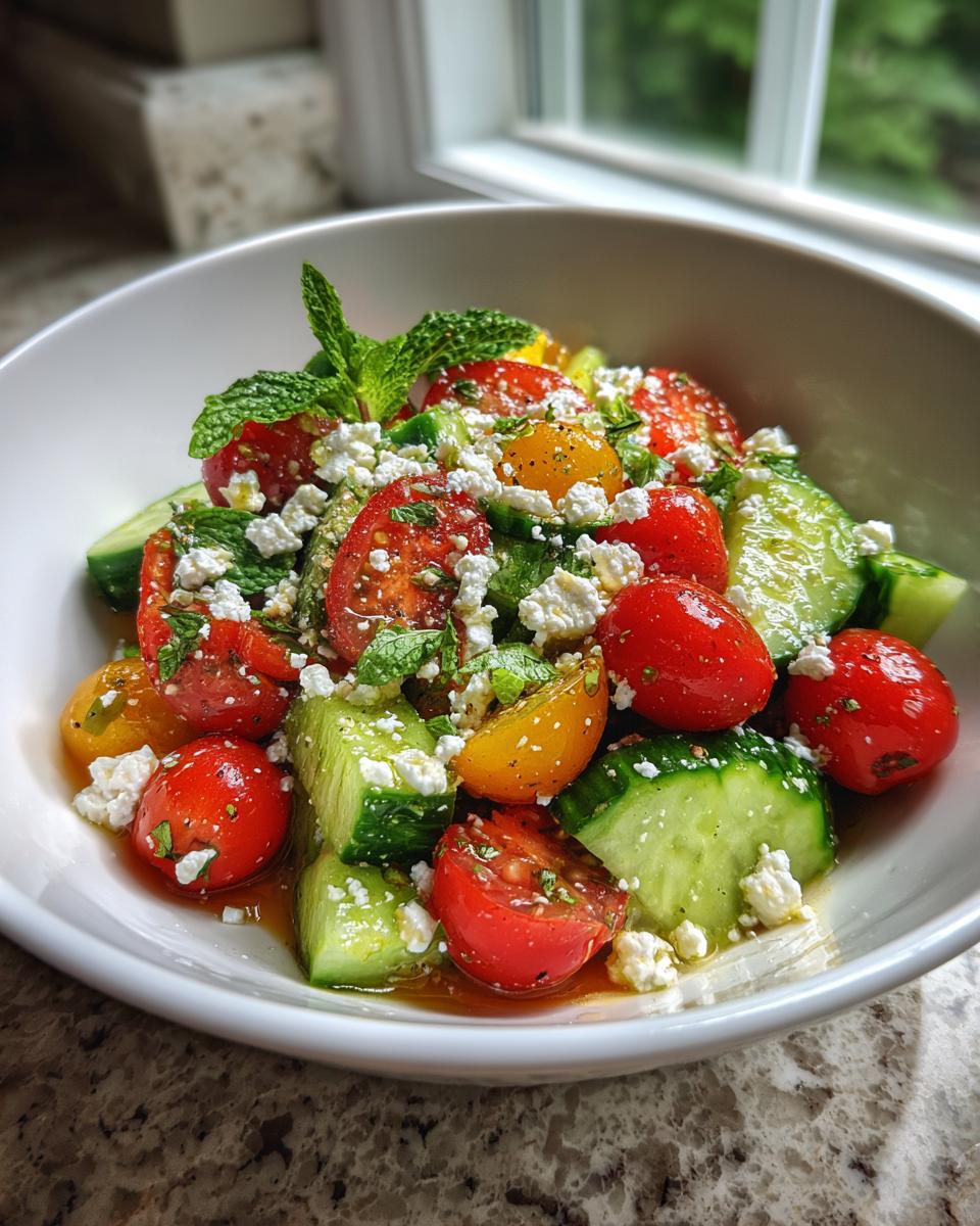 A refreshing Summer Salad with cucumber, tomato, and feta cheese, perfect for cookouts.