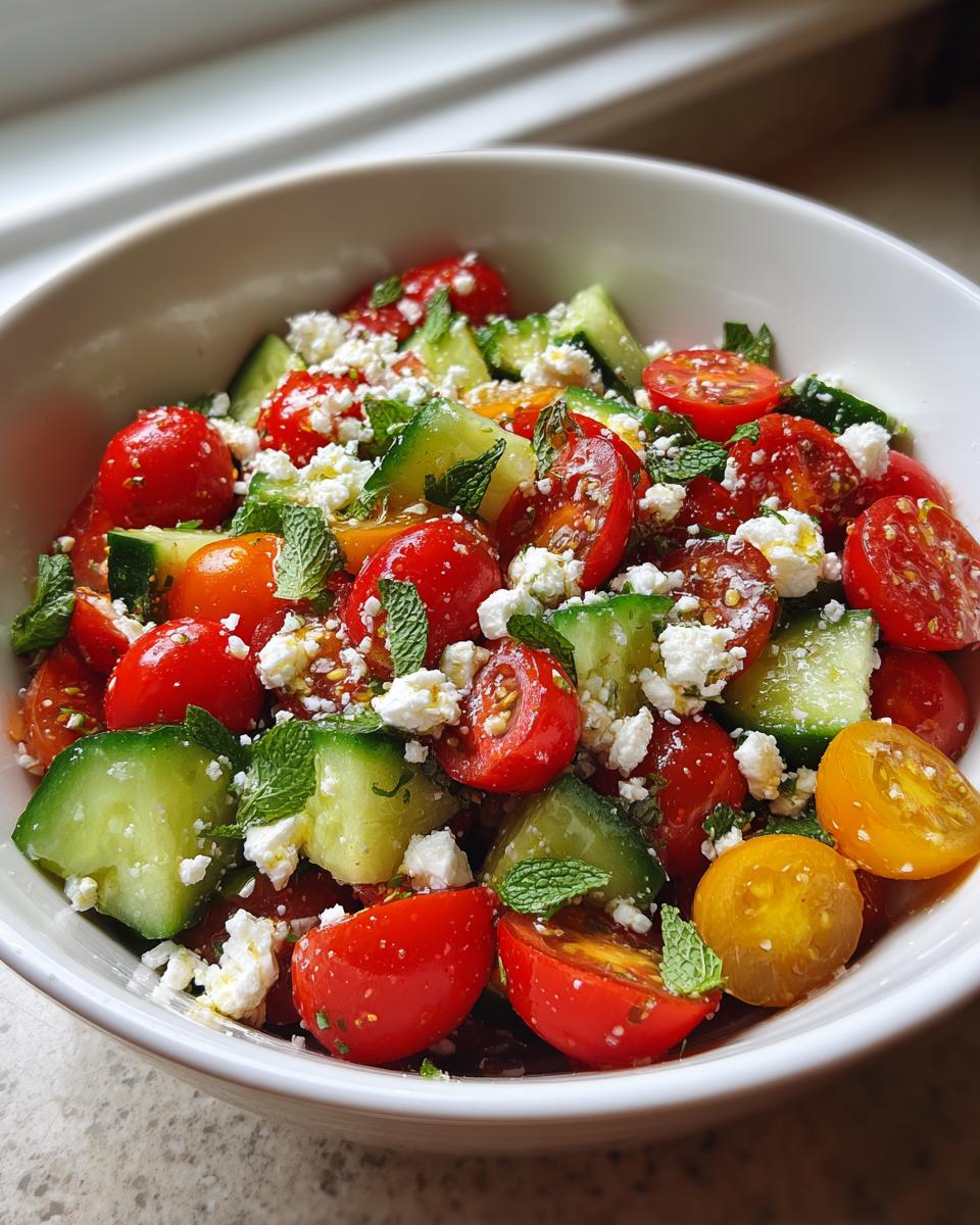 A refreshing summer salad with cucumber, cherry tomatoes, feta cheese, and mint, perfect for cookouts.