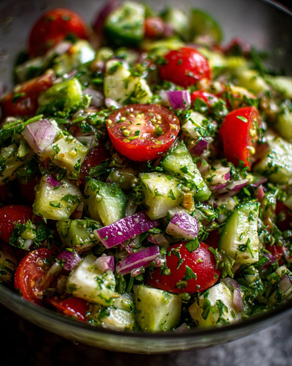 Close-up of a vibrant summer salad with chopped cucumbers, cherry tomatoes, red onion, and fresh herbs.