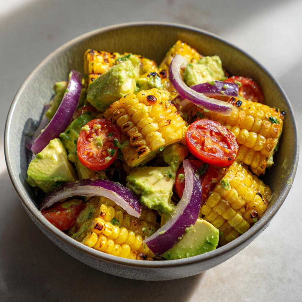 A close-up of a vibrant summer salad featuring grilled corn, avocado, cherry tomatoes, and red onion in a bowl.