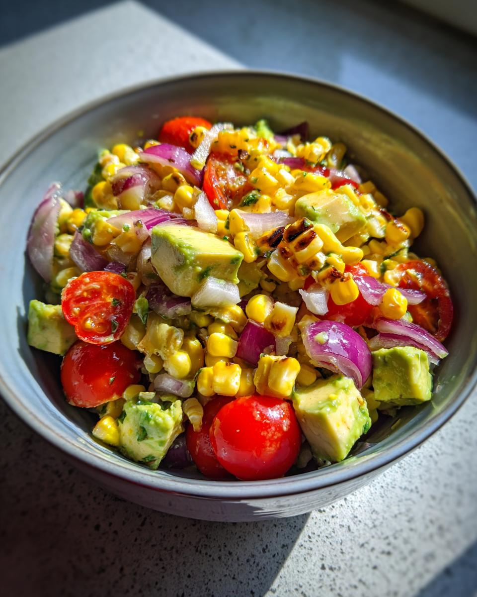 A refreshing summer salad featuring grilled corn, avocado, cherry tomatoes, and red onion, tossed in a light dressing.