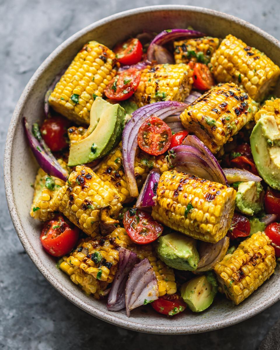 Close-up of a summer salad featuring grilled corn on the cob pieces, avocado slices, cherry tomatoes, and red onion.