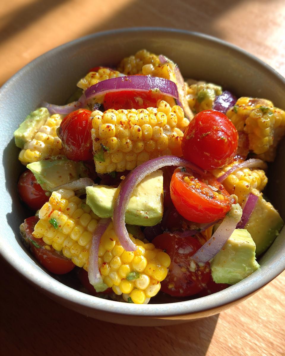 Close-up of a summer salad with grilled corn, avocado, cherry tomatoes, and red onion, tossed in avocado lime dressing.