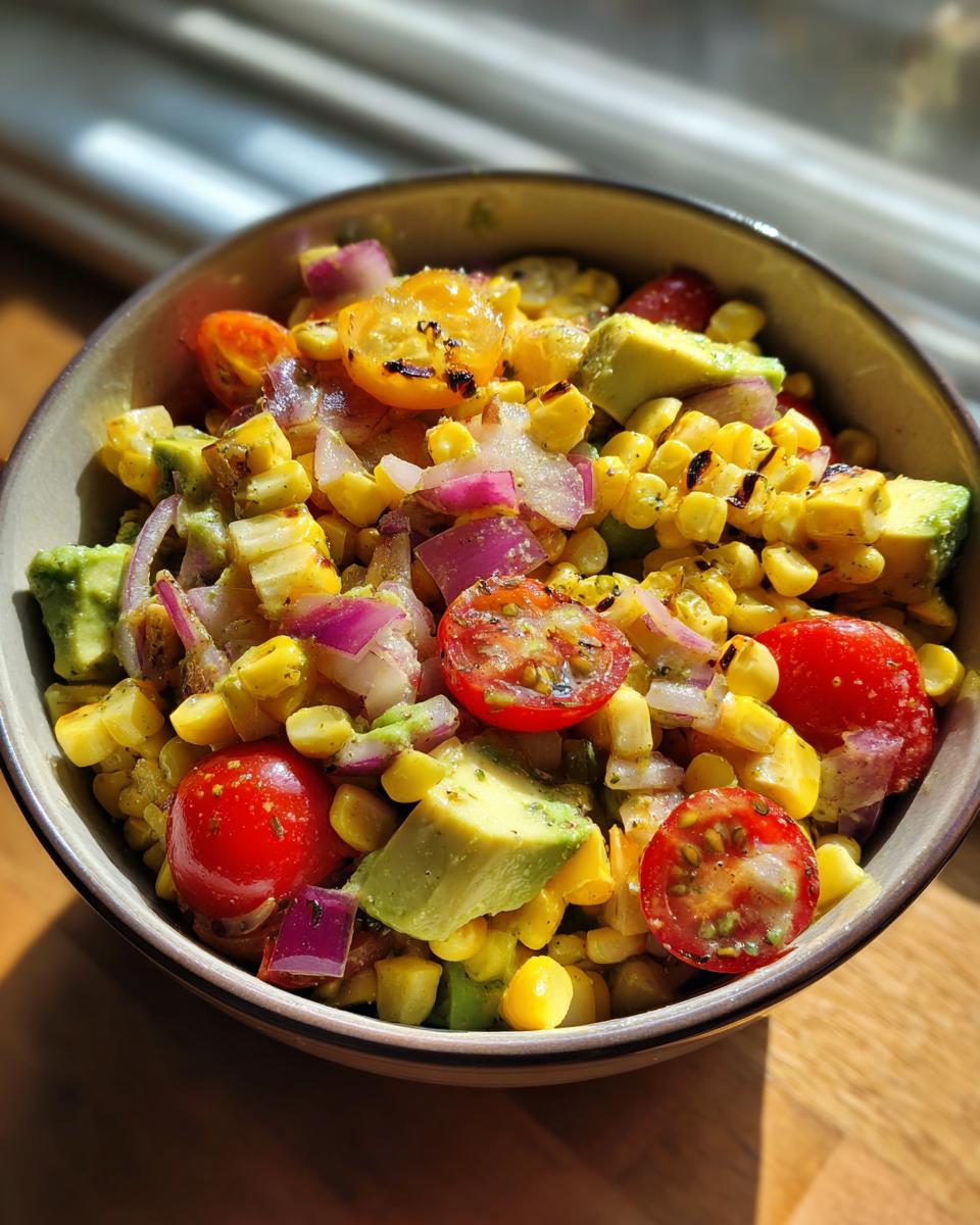 A close-up of a summer salad featuring grilled corn, avocado, cherry tomatoes, and red onion.
