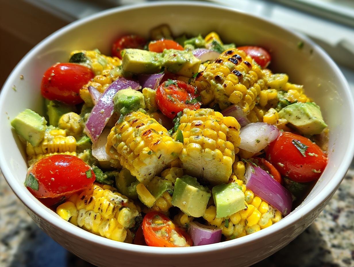 Close-up of a summer salad with grilled corn, avocado, cherry tomatoes, and red onion, tossed in avocado lime dressing.