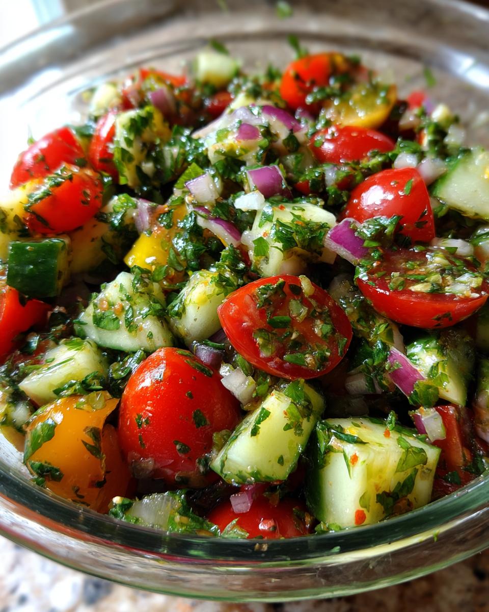 Close-up of a vibrant summer salad with cherry tomatoes, cucumber, red onion, and fresh herbs.