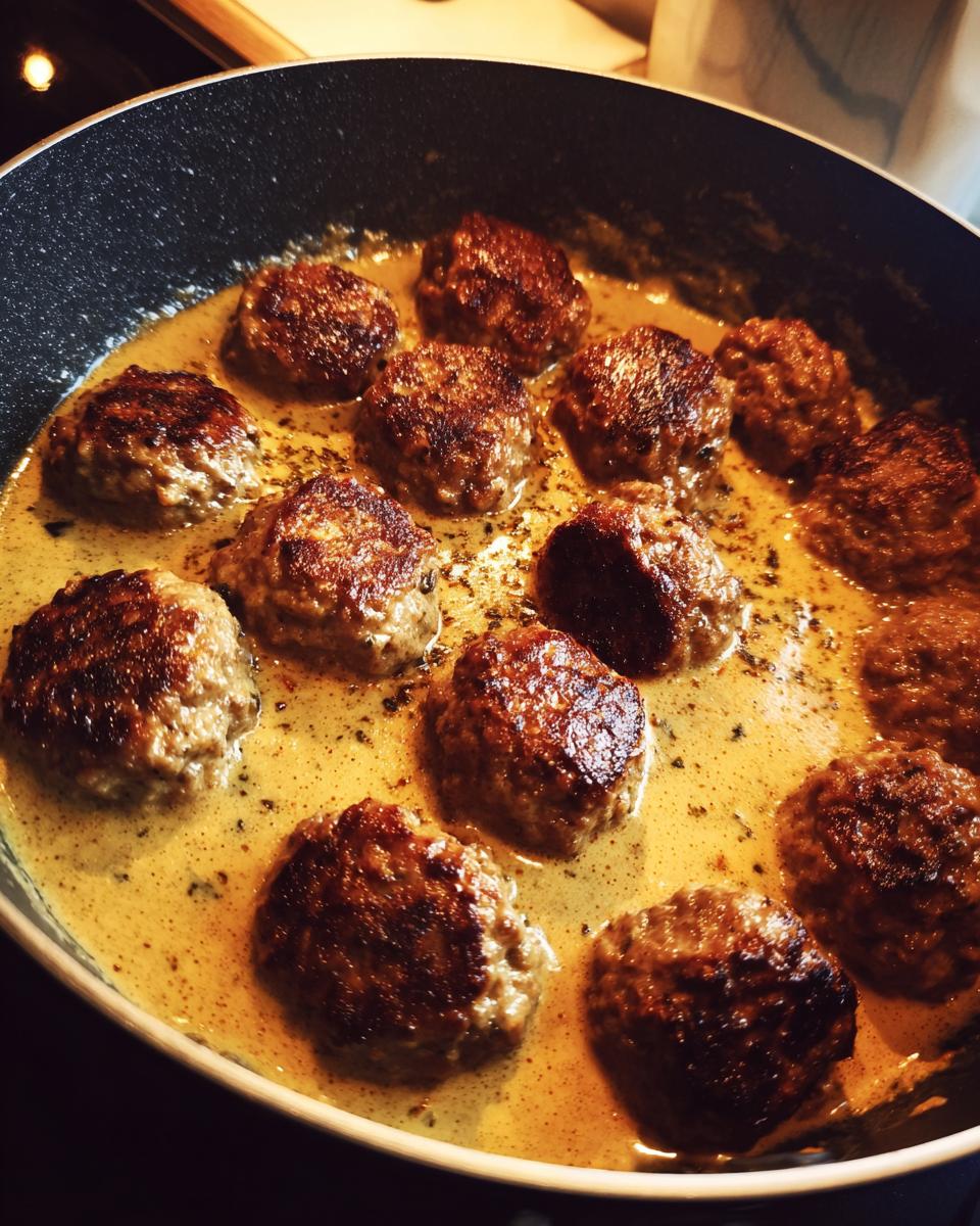 A close-up of browned Swedish meatballs simmering in a rich, creamy sauce in a skillet.