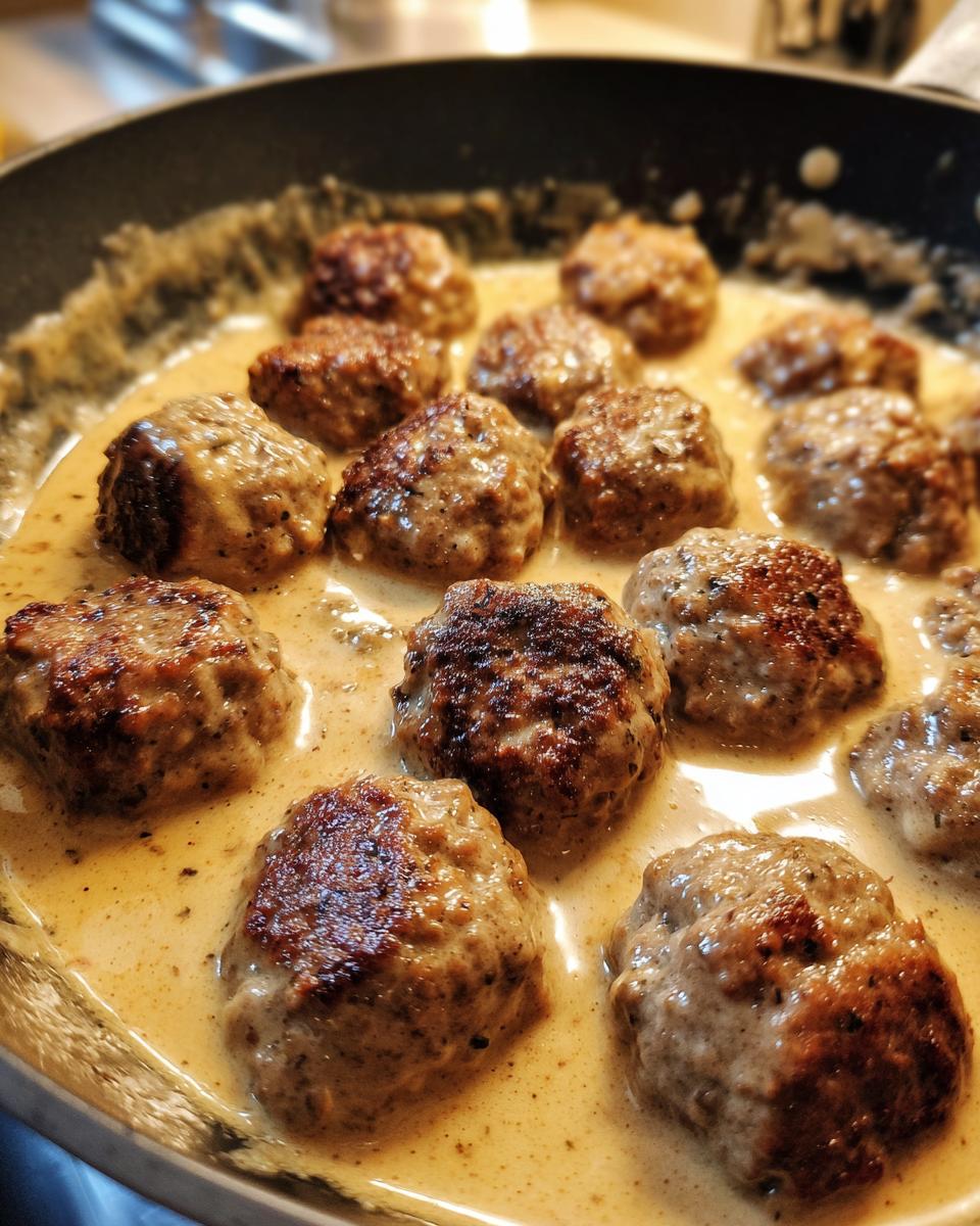 Close-up of delicious Swedish meatballs simmering in a rich, creamy sauce in a pan.