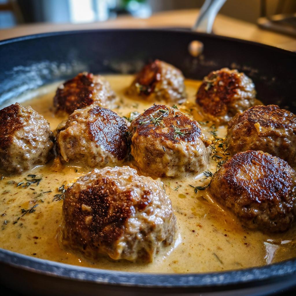 Close-up of delicious Swedish meatballs simmering in a rich, creamy sauce with herbs.