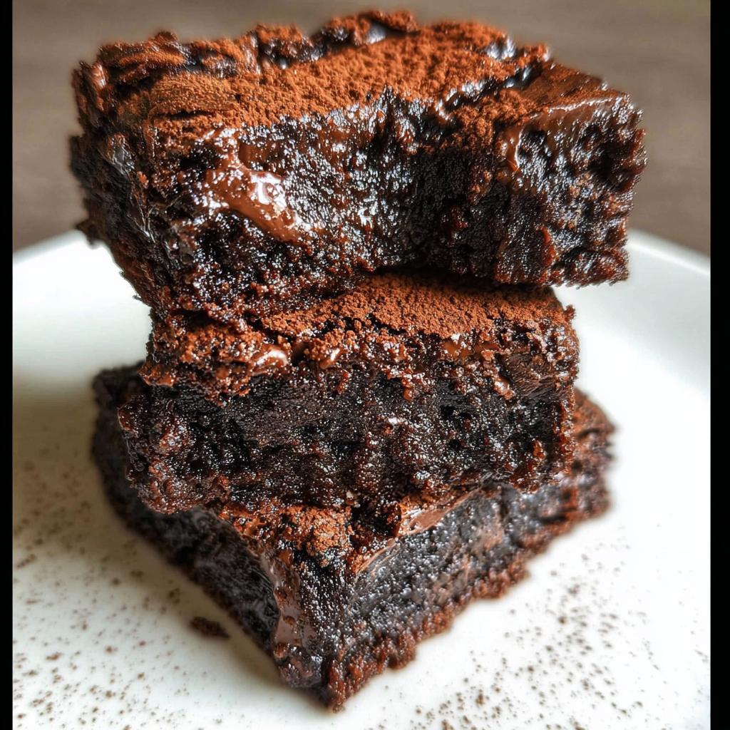 A stack of three rich, dark chocolate Tasty Zero Sugar Brownies with Greek Yogurt, dusted with cocoa powder.