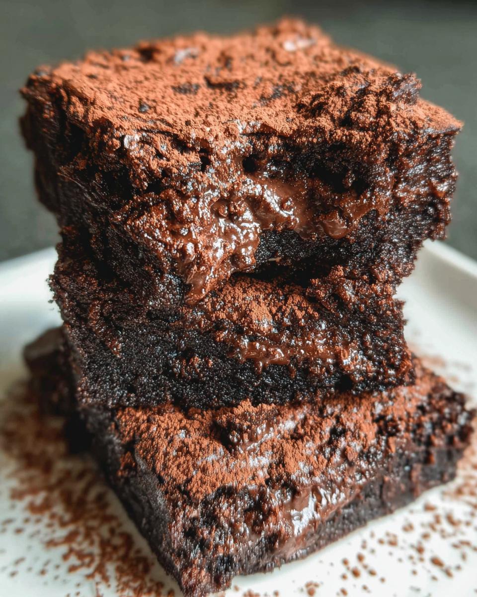 A close-up stack of three rich, dark chocolate Tasty Zero Sugar Brownies with Greek Yogurt, dusted with cocoa powder.