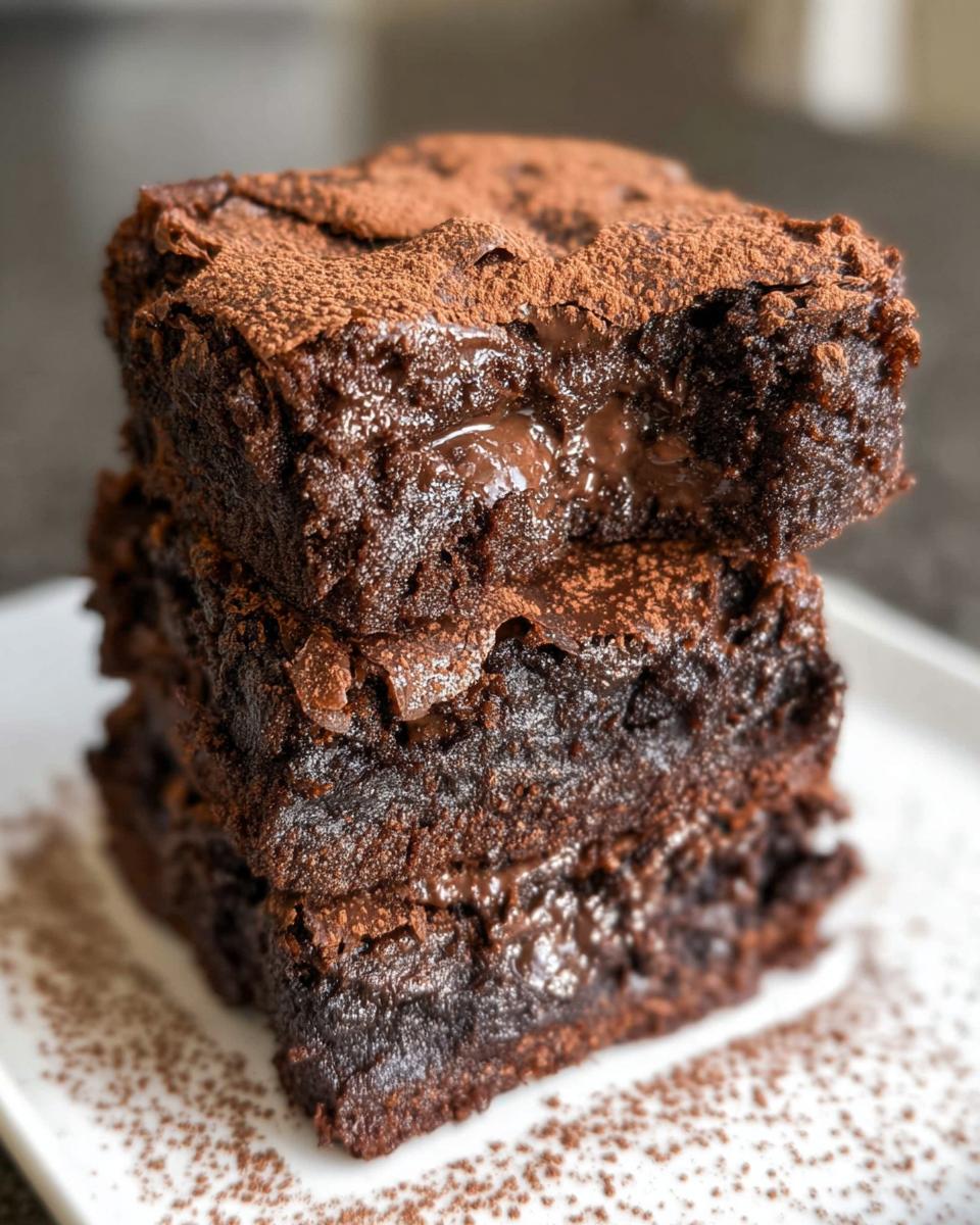 A stack of three rich, fudgy zero sugar brownies with Greek yogurt, dusted with cocoa powder.