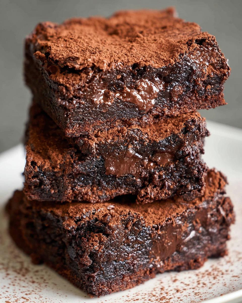 A stack of three rich, fudgy Tasty Zero Sugar Brownies with Greek Yogurt, dusted with cocoa powder.