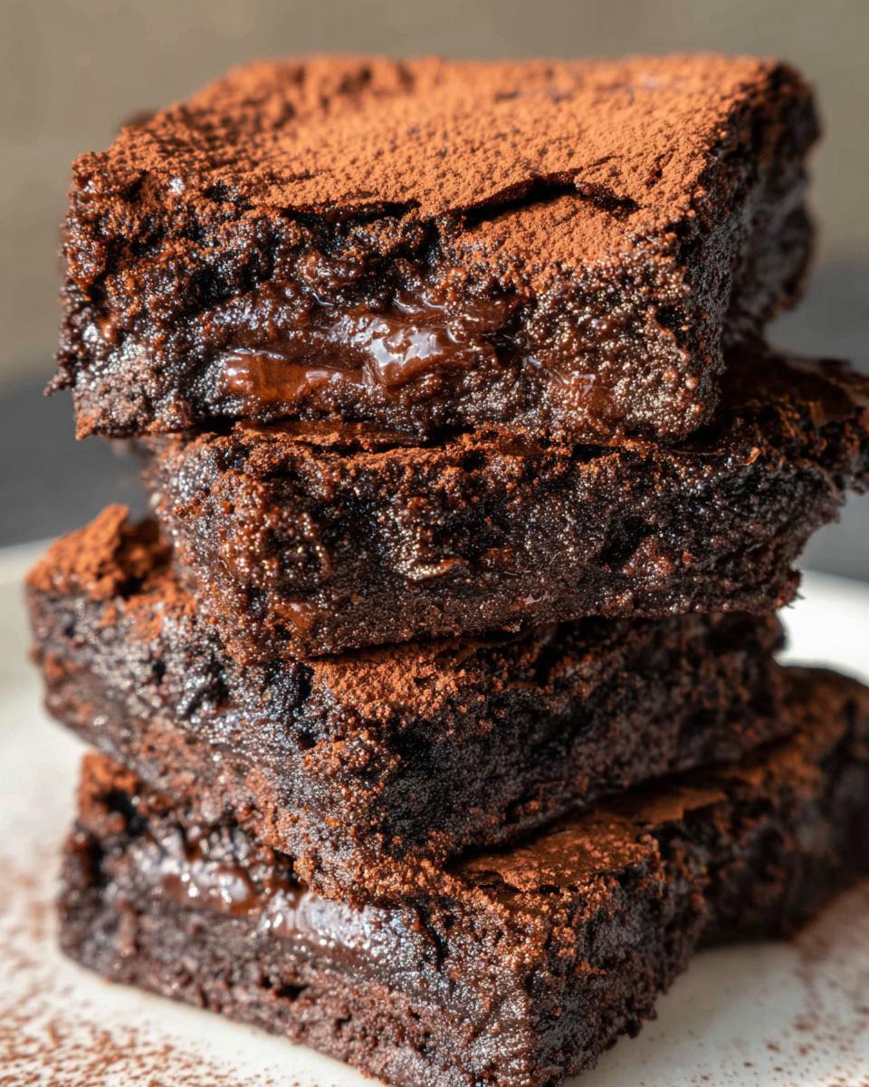 A stack of four rich, fudgy, and decadent Tasty Zero Sugar Brownies with Greek Yogurt, dusted with cocoa powder.