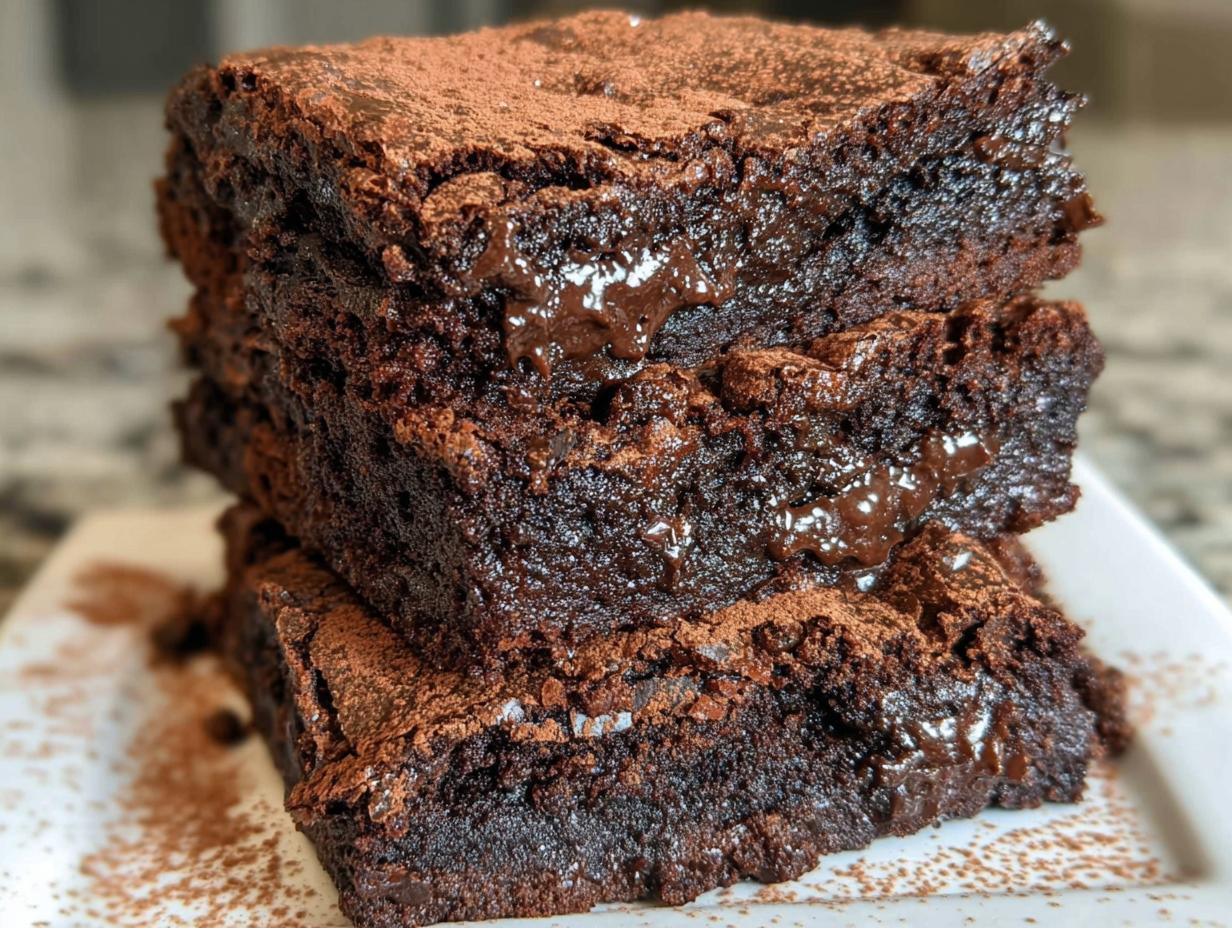 A stack of three rich, dark chocolate Tasty Zero Sugar Brownies with Greek Yogurt, dusted with cocoa powder.
