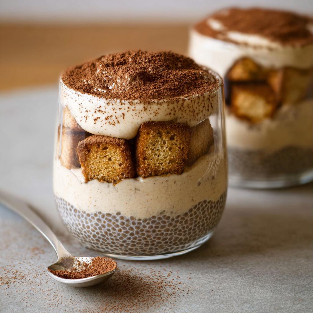 A layered Tiramisu Chia Pudding in a glass, topped with ladyfingers and cocoa powder.