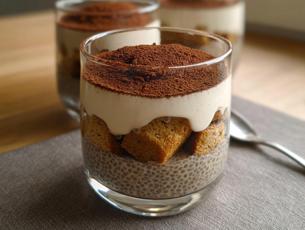 Close-up of Tiramisu Chia Pudding layered in a glass with ladyfingers and cocoa powder.
