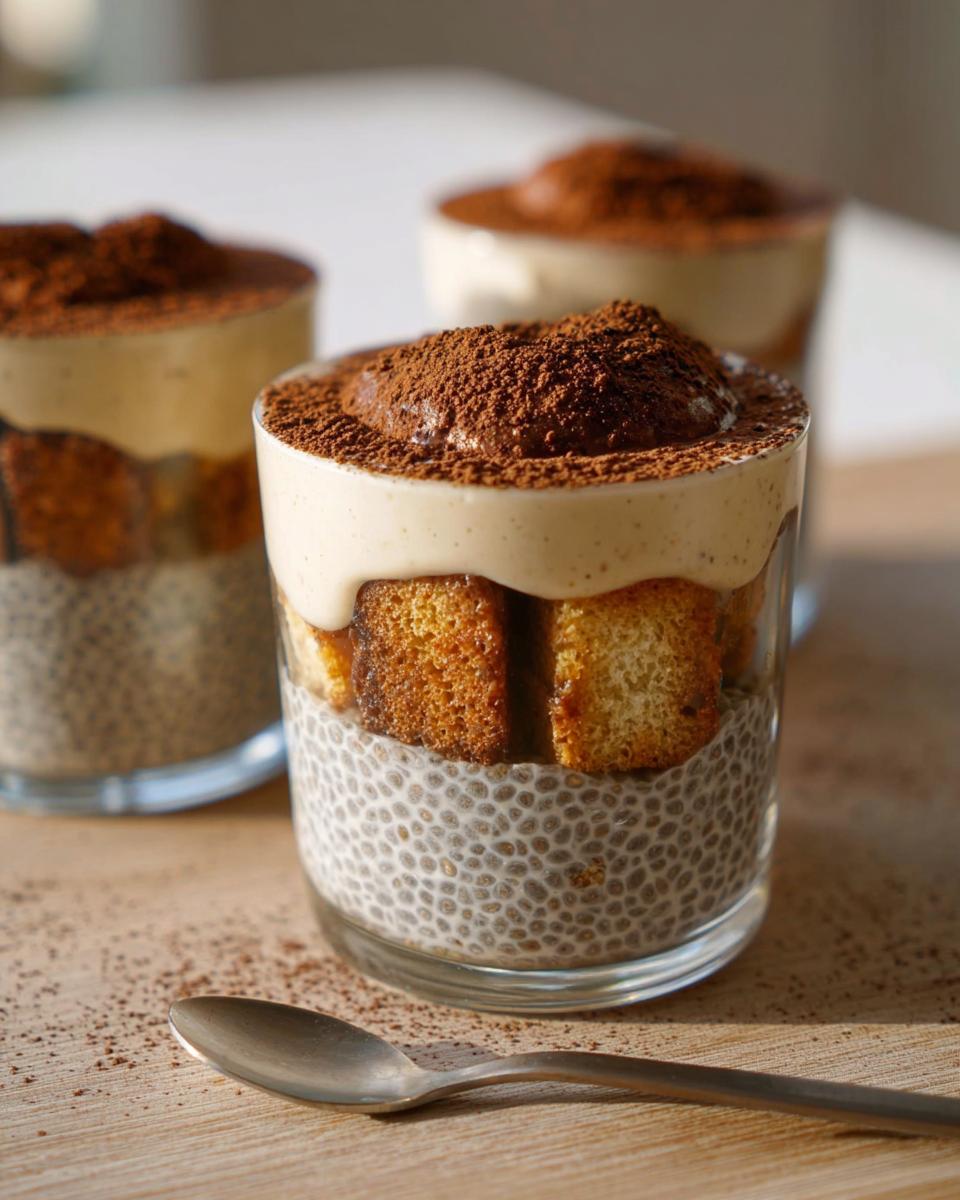 Close-up of Tiramisu Chia Pudding in glasses, layered with chia seeds, cake, and cocoa powder.
