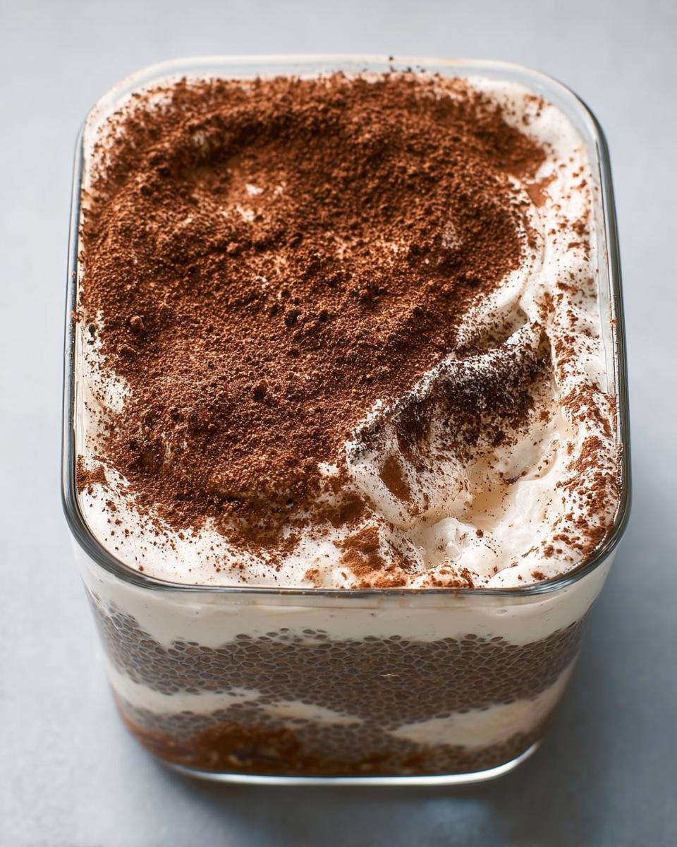 Close-up of Tiramisu Chia Pudding with Greek Yogurt, topped with cocoa powder.