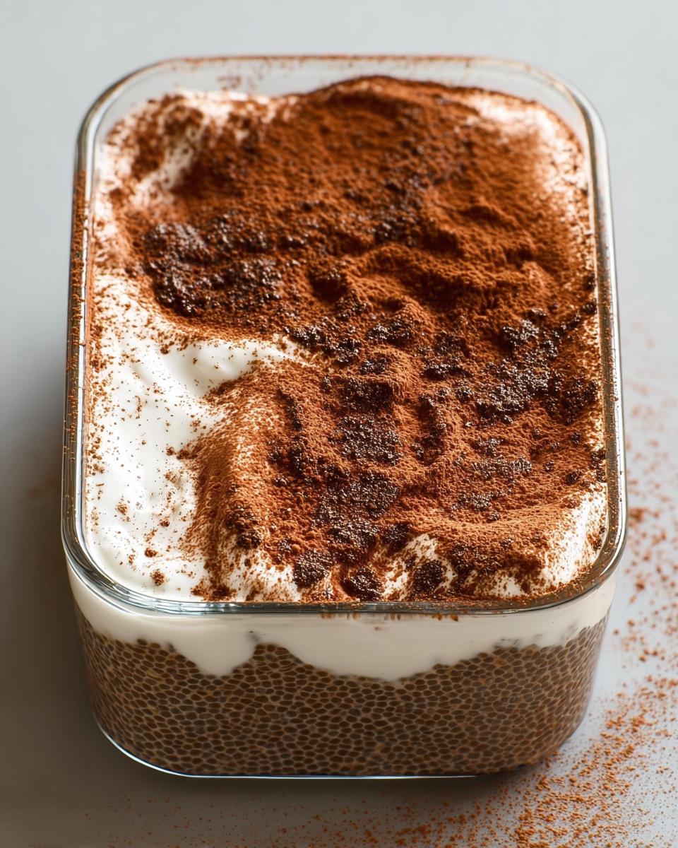 A close-up of Tiramisu Chia Pudding with Greek Yogurt, topped with cocoa powder.
