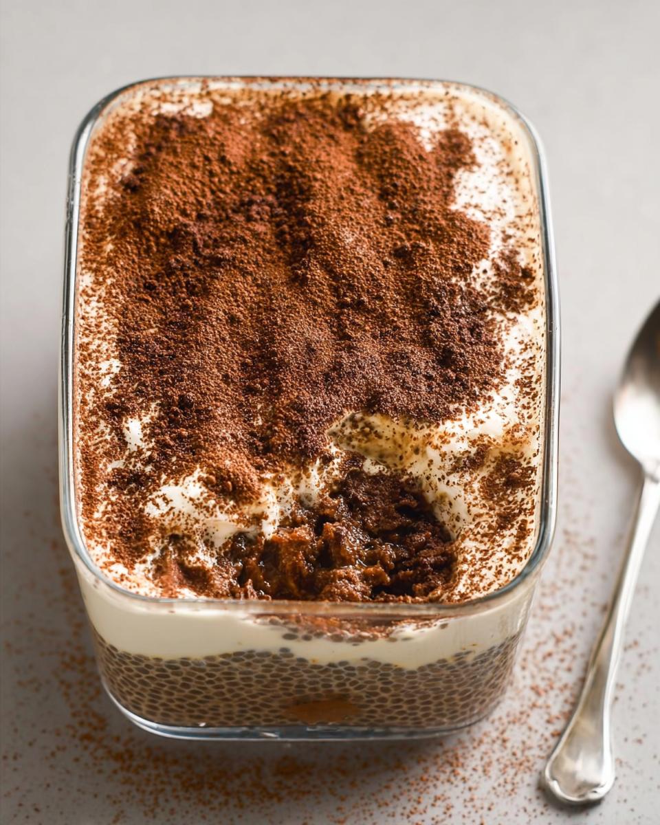 A glass dish filled with Tiramisu Chia Pudding with Greek Yogurt, topped with cocoa powder and a spoon.
