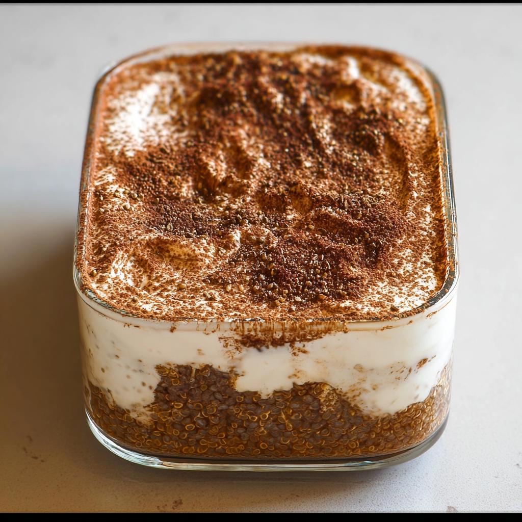 A glass dish filled with Tiramisu Chia Pudding With Greek Yogurt, topped with cocoa powder.
