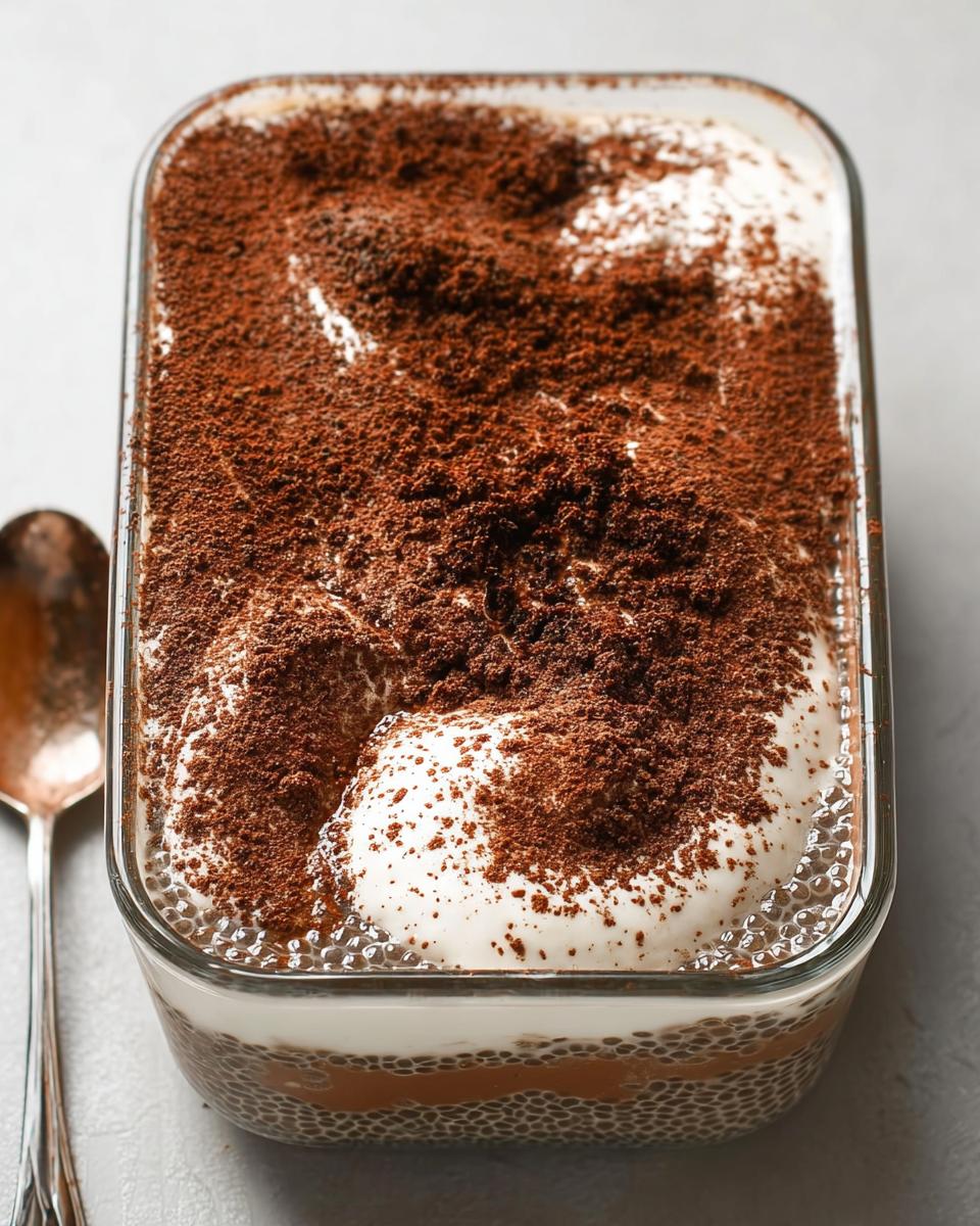 A close-up of Tiramisu Chia Pudding with Greek Yogurt, topped with cocoa powder.