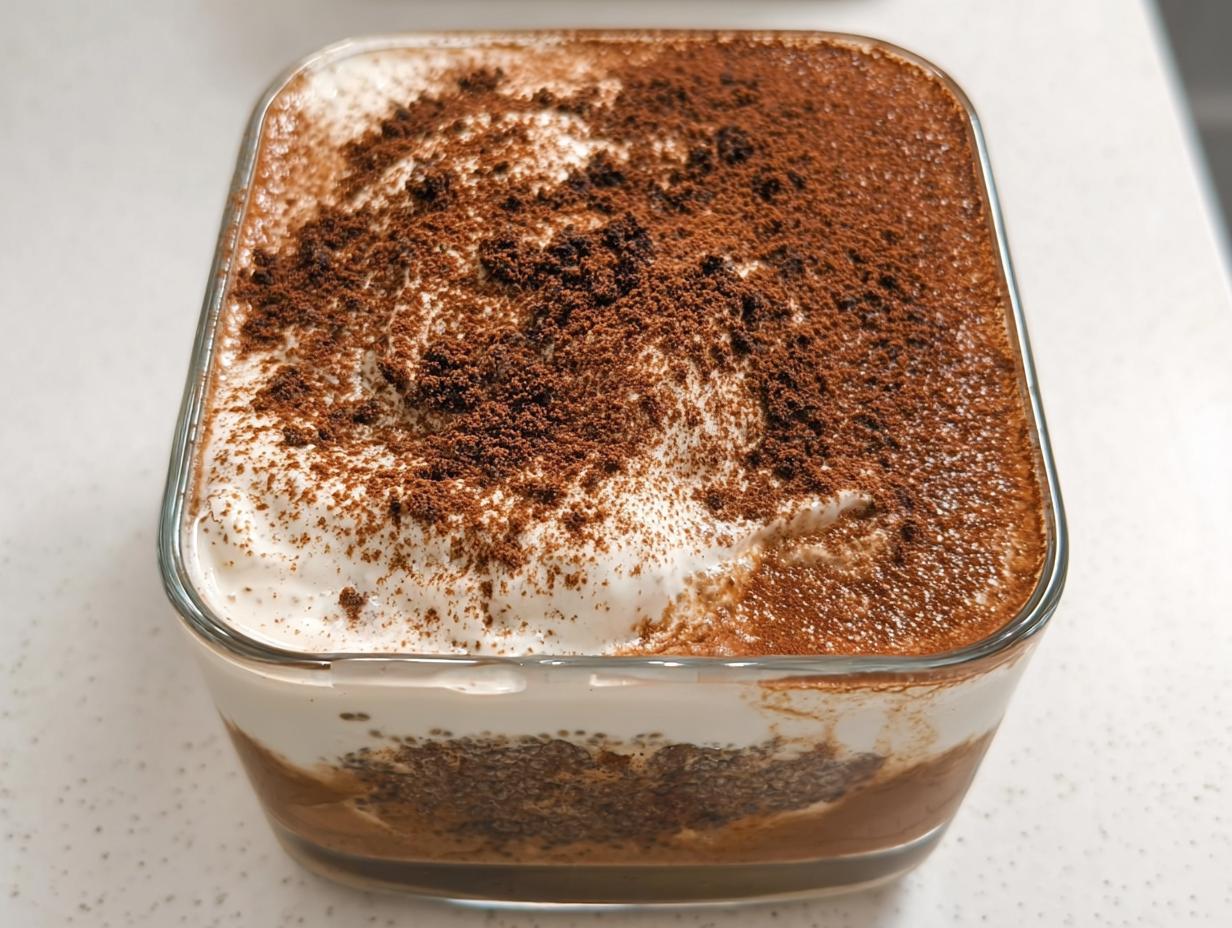 A close-up of Tiramisu Chia Pudding with Greek Yogurt, topped with whipped cream and cocoa powder.