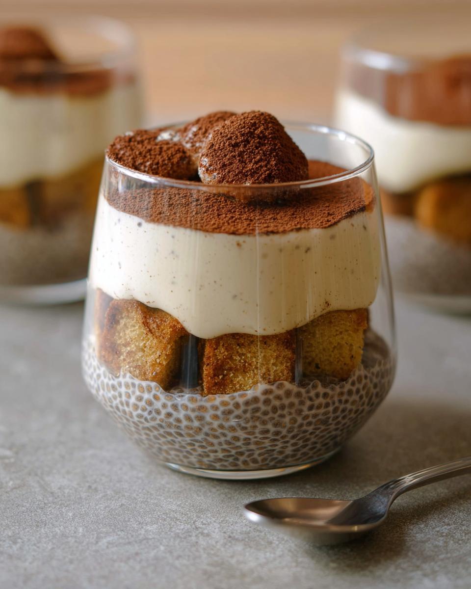 A layered Tiramisu Chia Pudding dessert in a glass, featuring chia pudding, cake cubes, and cream, topped with cocoa powder.