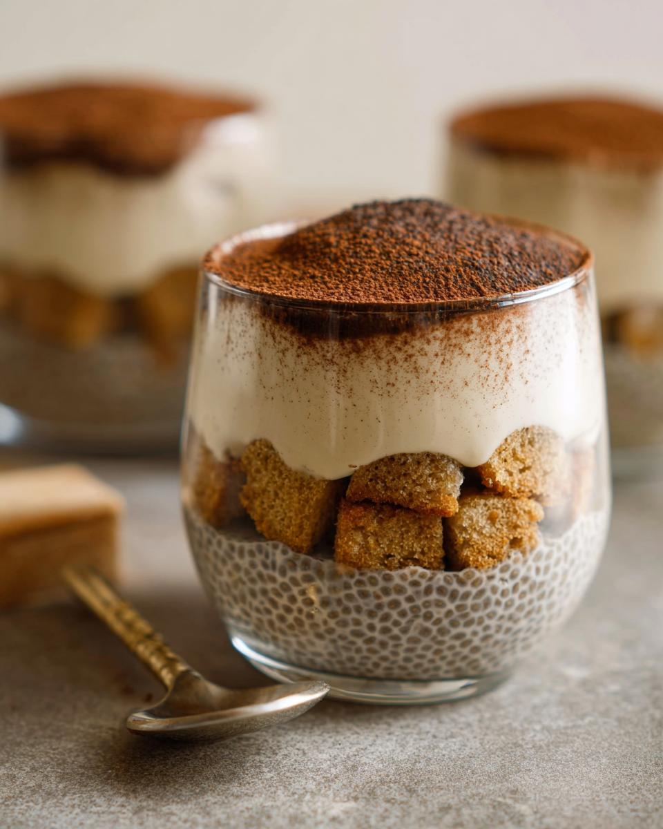 Close-up of a Tiramisu Chia Pudding in a glass, layered with cake pieces and topped with cocoa powder.