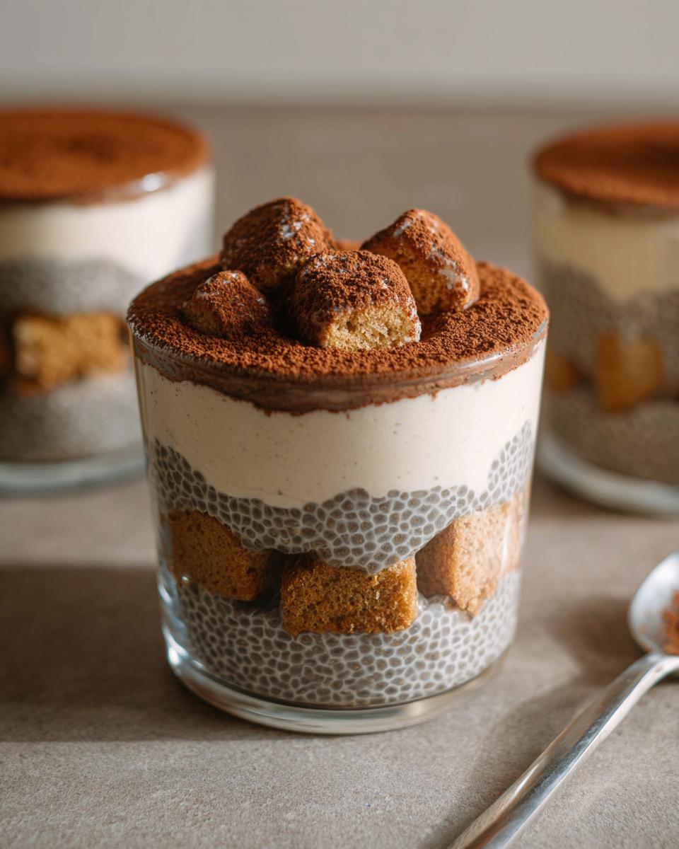 A close-up of Tiramisu Chia Pudding in a glass, layered with chia seeds, cream, ladyfingers, and dusted with cocoa powder.
