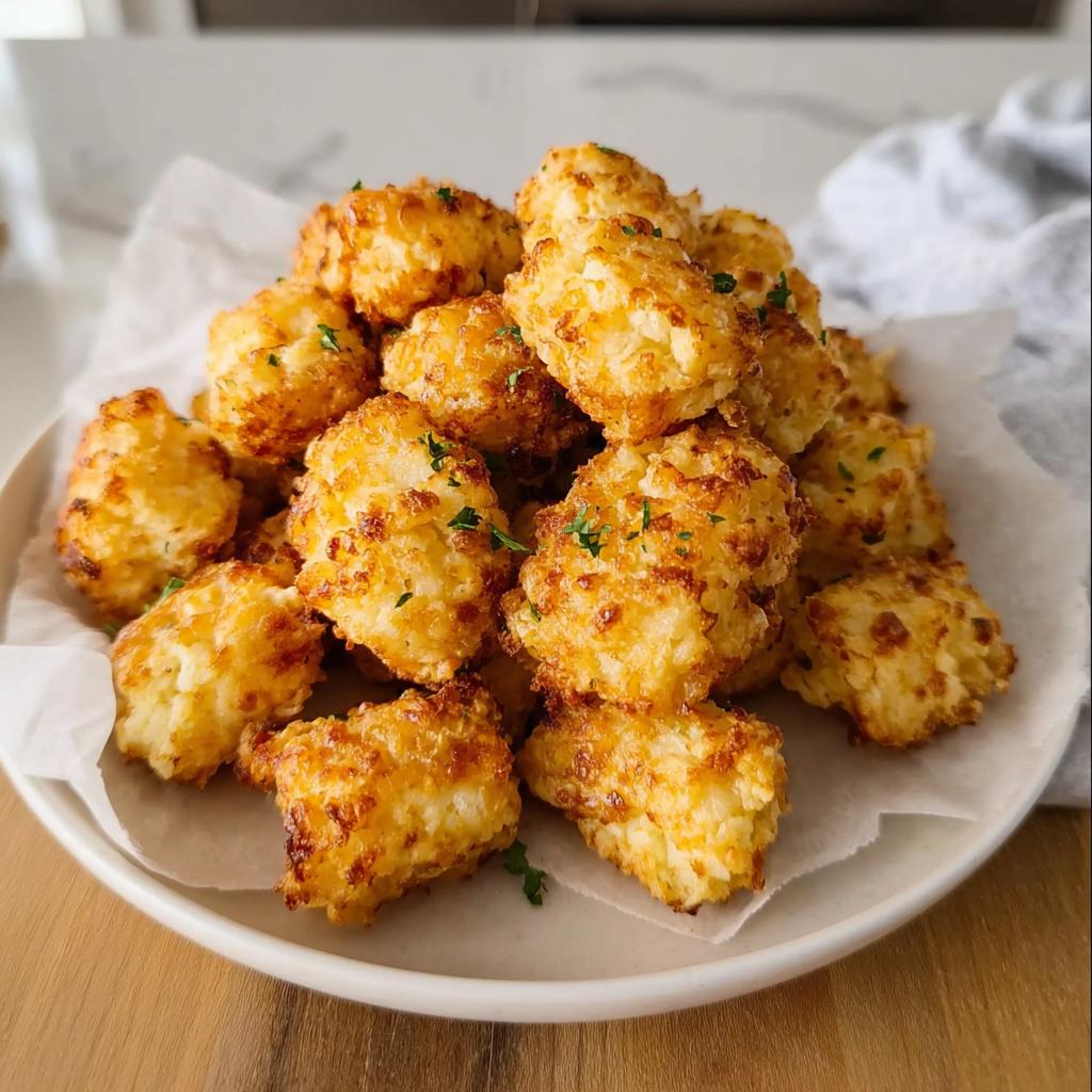 A pile of golden brown Two Ingredient Cottage Cheese Tots sprinkled with fresh parsley on a white plate.
