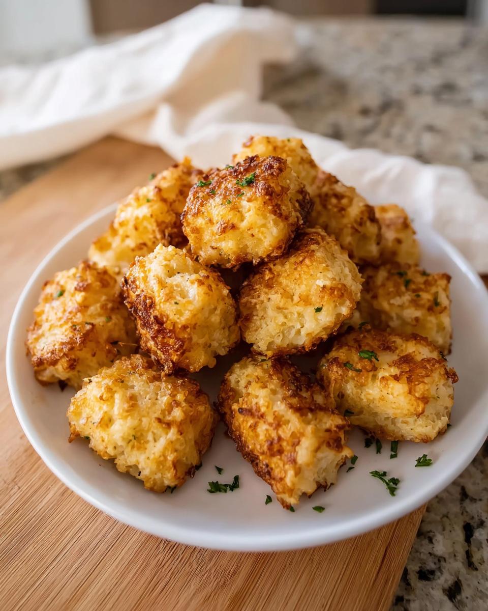 A pile of golden brown Two Ingredient Cottage Cheese Tots, garnished with parsley, on a white plate.
