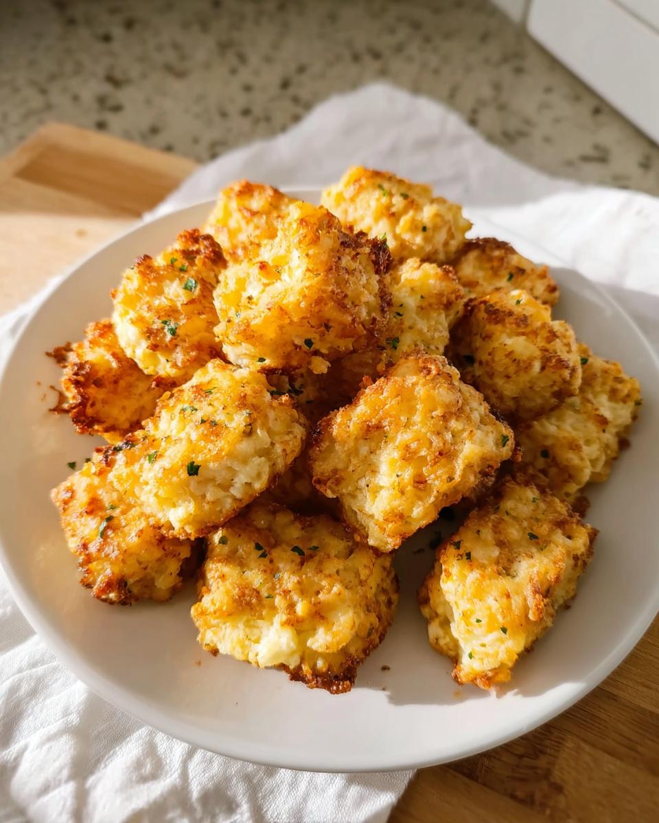 A plate full of golden brown Two Ingredient Cottage Cheese Tots, sprinkled with fresh herbs.