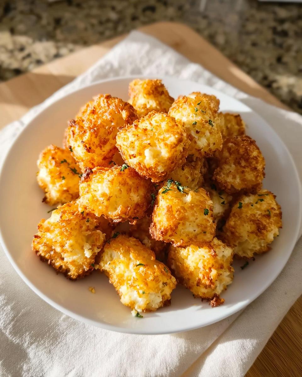 A pile of golden-brown Two Ingredient Cottage Cheese Tots sprinkled with herbs on a white plate.
