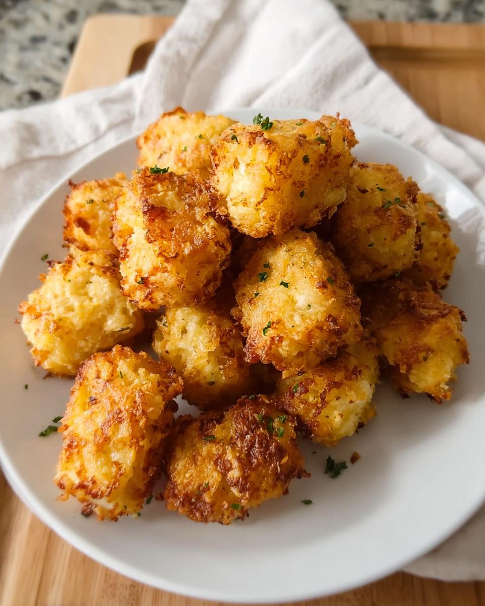 A pile of golden brown, crispy Two Ingredient Cottage Cheese Tots on a white plate, sprinkled with parsley.