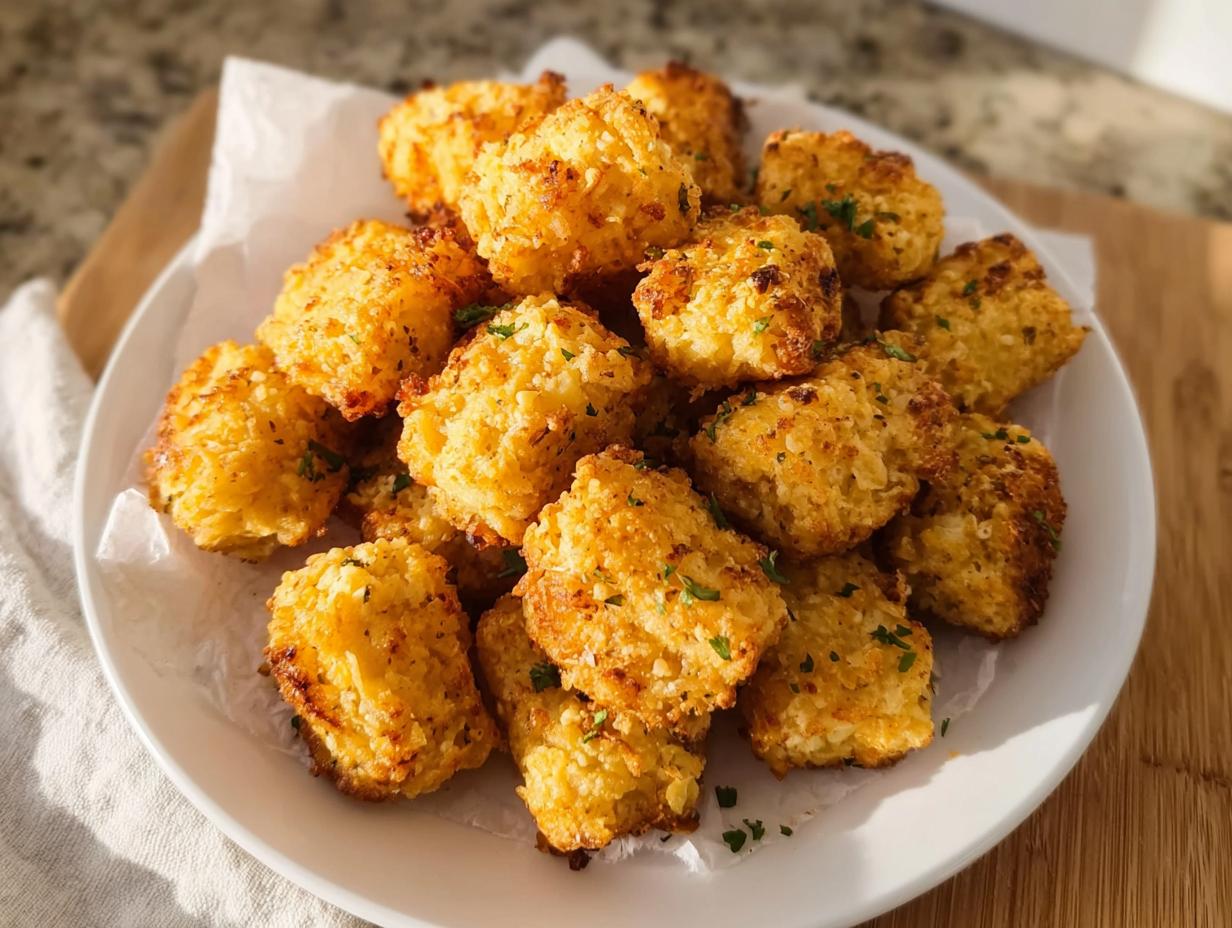 A pile of golden brown Two Ingredient Cottage Cheese Tots sprinkled with parsley on a white plate.