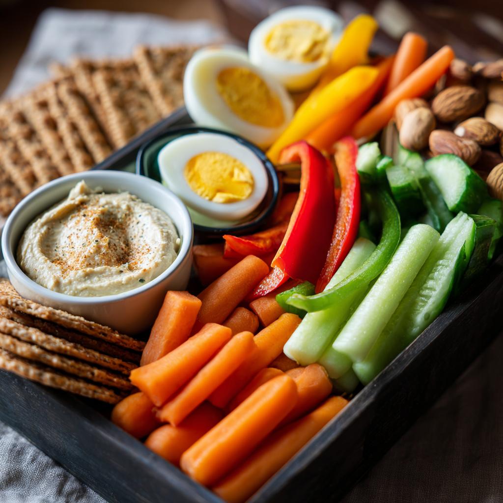 A bento box filled with healthy lunch ideas: veggie hummus, hard-boiled eggs, carrots, bell peppers, cucumber, crackers, and nuts.