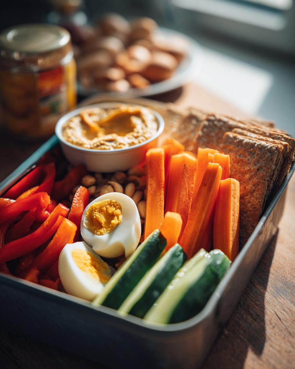 A healthy lunch box with veggie hummus, hard-boiled eggs, carrot sticks, cucumber slices, bell peppers, and crackers.