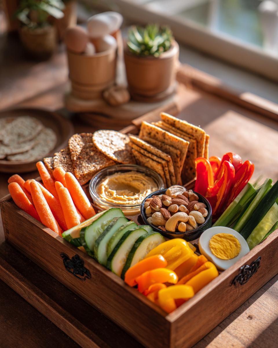 A wooden tray filled with a veggie hummus bento box, featuring carrots, cucumber, bell peppers, crackers, hummus, nuts, and a hard-boiled egg.
