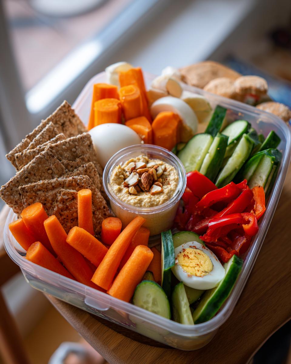 A clear bento box filled with healthy lunch ideas: veggie hummus, carrot sticks, cucumber slices, bell peppers, hard-boiled egg, and crackers.