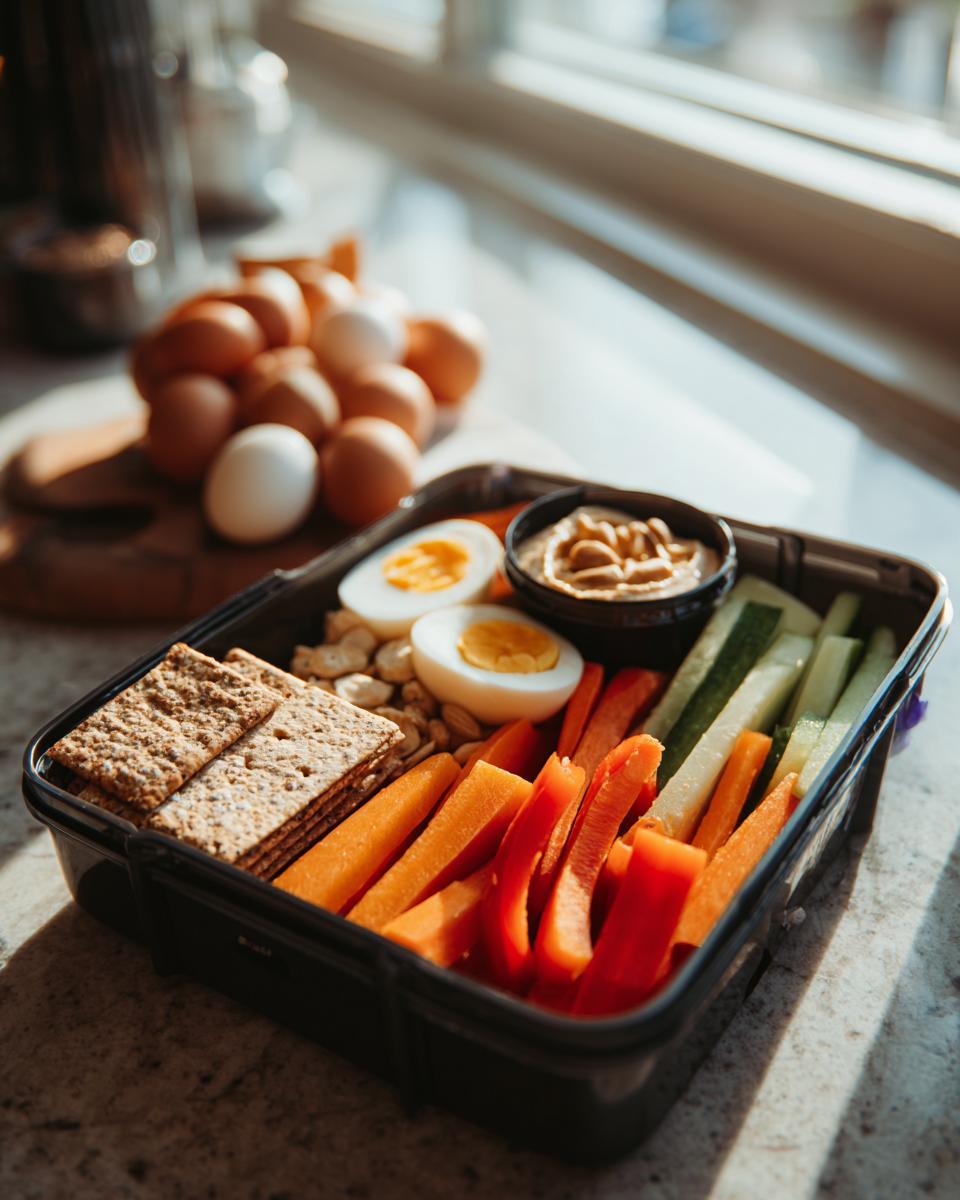 A bento box filled with healthy lunch ideas: veggie sticks, hard-boiled eggs, crackers, nuts, and hummus.