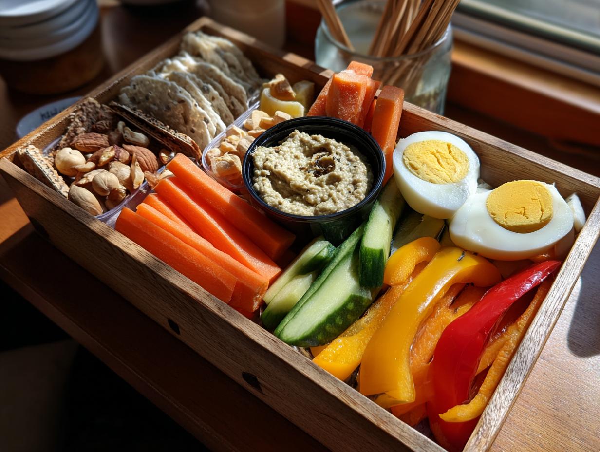 A wooden bento box filled with healthy lunch items: veggie hummus, carrot sticks, cucumber slices, bell pepper strips, hard-boiled eggs, nuts, and crackers.