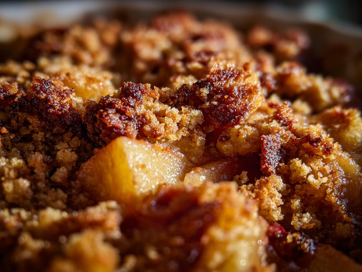 Close-up of warm, buttery apple crisp with a golden-brown crumb topping and visible apple chunks.